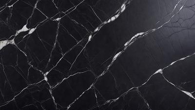 The primary subject of the image is a black marble countertop. The setting is a kitchen, with the countertop being the main focus of the scene. The visual style is a close-up of the marble countertop, showcasing its texture and pattern. The colors and mood of the image are predominantly dark, with the black marble countertop being the main source of contrast.