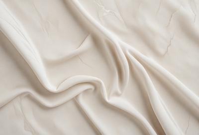 The primary subject of the image is a white sheet of fabric, which is the main object, scene, or focus of the image. The setting or background is a white surface, which provides a clean and minimalistic backdrop for the fabric. The visual style of the image is a close-up of the fabric, showcasing its texture and details. The colors and mood of the image are predominantly white, giving it a clean, serene, and calming atmosphere.