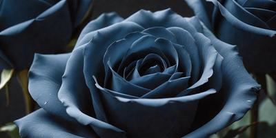 The primary subject of the image is a blue rose. The setting is a dark background, which contrasts with the vibrant blue color of the rose. The visual style is a close-up of the rose, showcasing its details. The colors and mood of the image are predominantly dark and moody, with the blue rose standing out as the focal point.