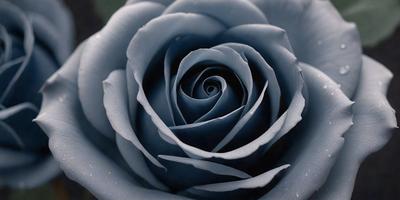 The primary subject of the image is a blue rose with a spiral pattern. The setting is a close-up of the rose, and the visual style is a photo. The dominant colors are blue and gray, creating a calm and serene atmosphere.
