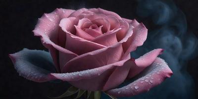 The primary subject of the image is a pink rose. The rose is the main focus of the image, and it is displayed in a vase. The setting is a dark background, which contrasts with the bright pink color of the rose. The visual style of the image is a close-up of the rose, showcasing its details and texture. The colors and mood of the image are predominantly pink, creating a warm and inviting atmosphere.