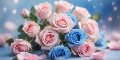 The primary subject of the image is a bouquet of colorful roses. The bouquet consists of various shades of pink, blue, and white roses, creating a visually appealing and vibrant display. The setting is a table, and the visual style appears to be a photo. The colors and mood of the image are predominantly warm and inviting, with the roses symbolizing love, beauty, and elegance.