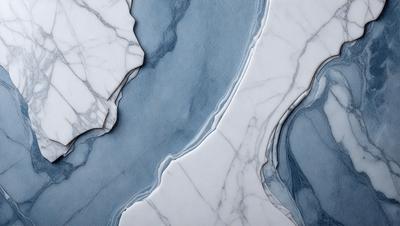 The primary subject of the image is a marble tile with a blue and white pattern. The setting is a bathroom, as indicated by the presence of a sink. The visual style is a combination of a photo and digital art, creating a unique and artistic representation of the marble tile. The colors and mood of the image are predominantly blue and white, giving it a clean and elegant appearance.