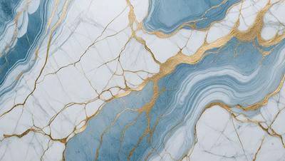 The primary subject of the image is a marble countertop with a gold-colored vein running through it. The setting is a kitchen, and the visual style is a close-up of the marble countertop. The colors and mood of the image are predominantly gold and blue, giving it a luxurious and elegant appearance.