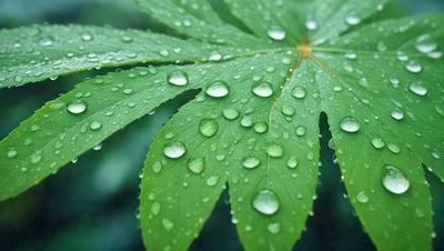 The primary subject of the image is a leaf with water droplets on it. The leaf is green and appears to be a part of a tree. The setting is outdoors, with the leaf being the main focus of the image. The visual style is a close-up of the leaf, capturing the details of the water droplets. The colors are predominantly green, and the overall atmosphere is serene and natural.