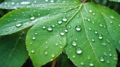 The primary subject of the image is a leaf with water droplets on it. The leaf is green and appears to be a part of a tree. The setting is outdoors, with the leaf being the main focus of the image. The visual style is a close-up of the leaf, capturing the details of the water droplets. The colors are predominantly green, and the overall atmosphere is serene and natural.