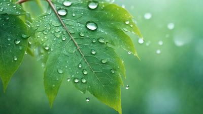 The primary subject of the image is a leaf with water droplets on it. The leaf is green and appears to be a part of a tree. The setting is outdoors, with the leaf being the main focus of the image. The visual style is a close-up of the leaf, capturing the details of the water droplets. The colors are predominantly green, with the water droplets adding a touch of blue. The overall atmosphere is serene and natural, as the image showcases the beauty of a