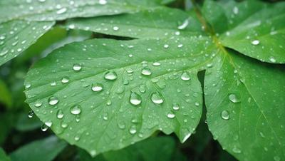 The primary subject of the image is a leaf with water droplets on it. The leaf is green and appears to be a part of a plant. The setting is outdoors, with the leaf being in a natural environment. The visual style of the image is a close-up of the leaf, showcasing the water droplets on its surface. The colors in the image are predominantly green, with the water droplets adding a touch of blue. The overall atmosphere of the image is serene and natural.