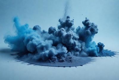 The primary subject of the image is a blue smoke or vapor, which appears to be a digital art or illustration. The setting is a blue background, and the visual style is a combination of digital art and illustration. The dominant colors are blue and gray, creating a moody and atmospheric scene.