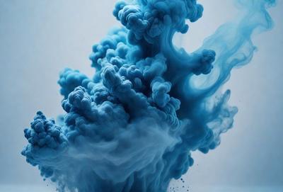 The primary subject of the image is a blue, swirling, and cloudy substance, which appears to be a mix of smoke and water. The setting is a white background, which provides a clean and uncluttered environment for the visual style. The image is a digital art piece, showcasing the artist's creativity and skill in capturing the dynamic and fluid nature of the blue substance. The colors and mood of the image are predominantly blue, creating a sense of depth and tranquility.