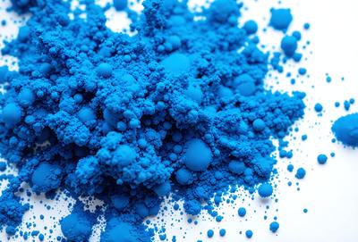 The primary subject of the image is a blue powder or paint, which is the main focus of the scene. The setting is a white background, which provides a clean and uncluttered environment for the blue powder to be displayed. The visual style of the image is a close-up of the blue powder, showcasing its texture and color. The dominant colors in the image are blue and white, creating a calm and soothing atmosphere.