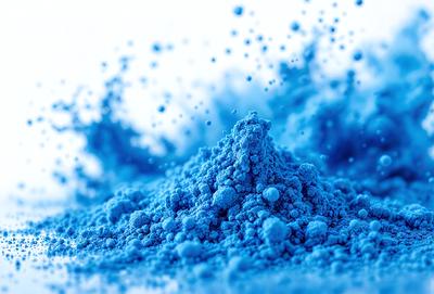 The primary subject of the image is a blue substance, possibly a powder or a liquid, that is being blown upward. The setting is a white background, which provides a clean and uncluttered environment for the subject. The visual style appears to be a combination of a photo and digital art, as the blue substance is captured in a close-up shot, while the overall composition and color palette suggest a digital artwork. The dominant colors are blue and white, creating a sense of depth and movement in the image