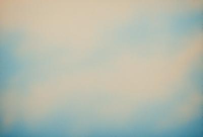 The primary subject of the image is a cloudy blue sky. The setting is a vast, open space with no visible landmarks or objects. The visual style is a painting, which gives the image a more artistic and creative appearance. The dominant colors are blue and white, creating a serene and calming atmosphere.