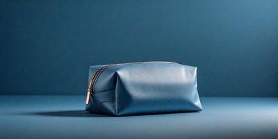 The primary subject of the image is a blue leather bag. The setting is a blue background, which creates a contrast with the bag. The visual style is a photo, and the colors and mood are predominantly blue, giving the image a calm and serene atmosphere.