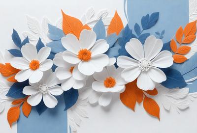 The primary subject of the image is a white and orange flower. The setting is a white and blue background, which creates a contrasting and visually appealing scene. The visual style is a combination of digital art and illustration, as the flower is depicted in a detailed and artistic manner. The dominant colors in the image are white and orange, which evoke a sense of warmth and vibrancy.