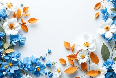The primary subject of the image is a beautiful arrangement of flowers, including blue and white daisies, orange leaves, and orange flowers. The flowers are placed on a white background, creating a visually appealing contrast. The overall atmosphere of the image is vibrant and lively, with the flowers and leaves adding a touch of natural beauty to the scene.