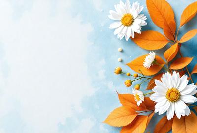 The primary subject of the image is a bouquet of flowers, predominantly white daisies, arranged in a vase. The flowers are placed on a blue surface, which adds a contrasting color to the scene. The visual style of the image is a combination of photo and digital art, creating a realistic yet artistic representation of the flowers. The colors and mood of the image are predominantly warm and inviting, with the white daisies and blue surface creating a sense of freshness and tranquility.