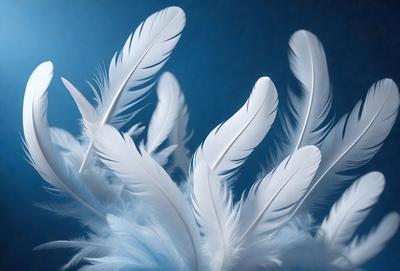 The primary subject of the image is a group of white feathers, which are the primary focus of the scene. The feathers are arranged in a visually appealing manner, creating a sense of depth and dimension. The setting is a blue background, which contrasts nicely with the white feathers. The visual style of the image is a close-up of the feathers, showcasing their intricate details and textures. The colors and mood of the image are predominantly white and blue, giving it a serene and