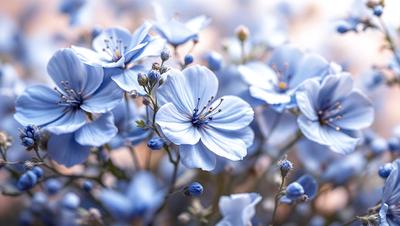 The primary subject of the image is a beautiful bouquet of blue flowers. The setting is a garden, with the flowers blooming in a field. The visual style is a close-up of the flowers, showcasing their vibrant colors and intricate details. The dominant colors in the image are blue and white, creating a serene and calming atmosphere.