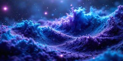 The primary subject of the image is a purple, blue, and white swirling pattern, which appears to be a digital art or illustration. The setting is a dark, starry background, creating a contrasting and dramatic atmosphere. The visual style is a combination of digital art and illustration, with the swirling pattern being the main focus of the image. The colors and mood convey a sense of depth, movement, and intrigue.