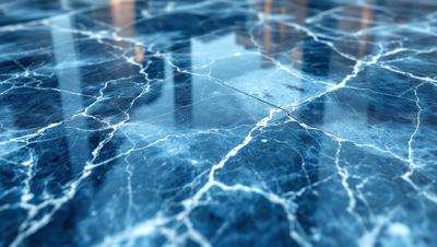 The primary subject of the image is a blue marble floor with a pattern of white and blue swirls. The setting is a room with a blue carpet, and the visual style is a close-up of the floor. The colors and mood of the image are predominantly blue, creating a calm and serene atmosphere.