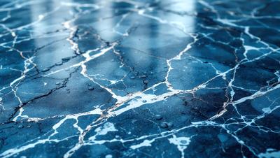 The primary subject of the image is a blue, cracked, and textured surface. The setting is a dark room, and the visual style appears to be a photo. The dominant colors are blue and black, creating a moody atmosphere.