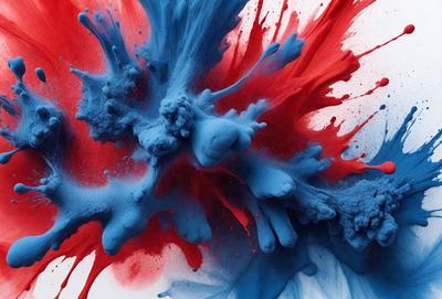 The primary subject of the image is a painting or drawing of a blue and red colorful object, possibly a flower or a piece of art. The setting is a white background, which provides a clean and uncluttered environment for the artwork. The visual style appears to be a combination of digital art and traditional painting, as the colors and details are vibrant and well-defined. The dominant colors in the image are blue and red, creating a lively and energetic atmosphere.