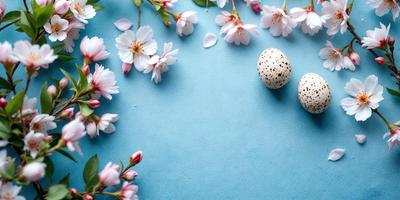 The primary subject of the image is a blue table with two eggs on it. The setting is a table with a blue surface, and the visual style is a photo. The dominant colors are blue and white, creating a calm and serene atmosphere.