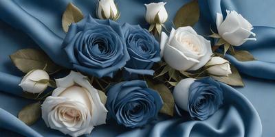 The primary subject of the image is a bouquet of blue roses. The setting is a blue cloth, which serves as the background. The visual style is a close-up of the flowers, showcasing their beauty. The dominant colors are blue and white, creating a serene and calming atmosphere.