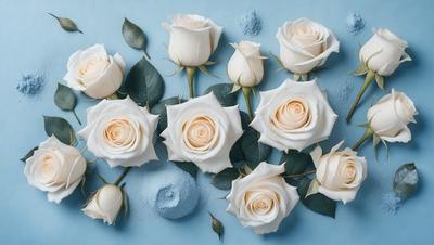 The primary subject of the image is a bouquet of white roses. The setting is a blue background, which adds a contrasting and calming effect to the scene. The visual style is a close-up of the roses, showcasing their details and beauty. The colors and mood of the image are predominantly white, which gives it a clean, serene, and elegant appearance.
