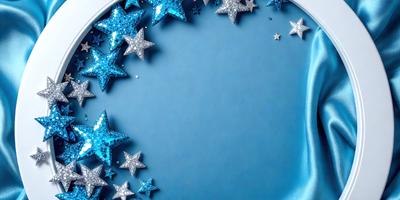 The primary subject of the image is a blue star-shaped object with a white star pattern on it. The setting is a blue background, and the visual style appears to be a combination of a photo and digital art. The colors and mood of the image are predominantly blue and white, creating a calm and serene atmosphere.