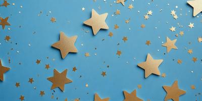 The primary subject of the image is a collection of gold stars, which are scattered across a blue background. The setting appears to be a star-filled sky, with the stars being the main focus of the image. The visual style is a combination of digital art and illustration, creating a vibrant and lively atmosphere. The dominant colors are gold and blue, with the gold stars contrasting against the blue background.
