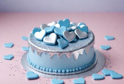 The primary subject of the image is a cake decorated with silver and blue hearts. The cake is placed on a pink surface, which serves as the setting. The visual style of the image is a close-up of the cake, showcasing its decoration. The dominant colors of the cake are silver and blue, creating a warm and inviting atmosphere.