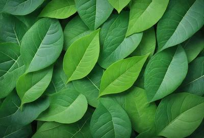 The primary subject of the image is a large group of green leaves, which are the main objects in the scene. The leaves are arranged in a pattern, creating a visually appealing and natural backdrop. The setting appears to be a lush green environment, possibly a forest or a garden. The visual style of the image is a close-up of the leaves, showcasing their intricate details and textures. The dominant colors in the image are green, which creates a serene and calming atmosphere.