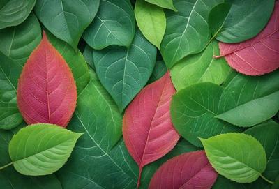 The primary subject of the image is a close-up of a red leaf, which is surrounded by green leaves. The setting is a leafy plant, and the visual style is a photo. The dominant colors in the image are red and green, creating a vibrant and lively atmosphere.