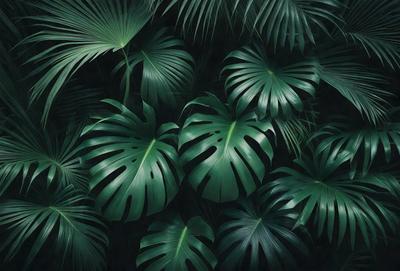 The image features a lush green forest filled with large, green leaves. The leaves are arranged in a dense, overlapping pattern, creating a vibrant and natural atmosphere. The primary subject of the image is the abundance of green leaves, which are the main focus of the scene. The setting is a forest, and the visual style is a close-up of the leaves, showcasing their intricate details. The colors and mood of the image are predominantly green, reflecting the natural environment and the lush