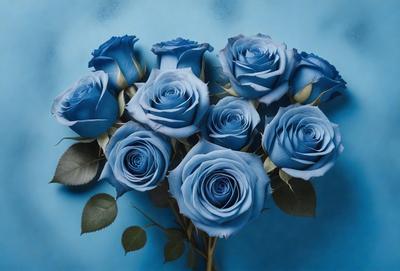 The primary subject of the image is a bouquet of blue roses. The setting is a blue background, which creates a striking contrast with the blue roses. The visual style is a close-up of the bouquet, showcasing the details of the flowers. The colors and mood of the image are predominantly blue, giving it a calm and serene atmosphere.