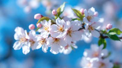 The primary subject of the image is a branch with white flowers, likely cherry blossoms, blooming in the sunlight. The setting is a blue sky, which provides a beautiful backdrop for the flowers. The visual style is a close-up of the flowers, showcasing their delicate petals and intricate details. The colors and mood of the image are predominantly white and sunny, creating a serene and uplifting atmosphere.