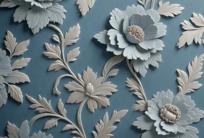 The primary subject of the image is a blue wall with white flowers painted on it. The setting is a room with a blue background, and the visual style appears to be a painting or drawing. The colors and mood of the image are predominantly blue and white, creating a calm and serene atmosphere.