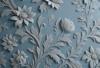 The primary subject of the image is a blue wall with a pattern of white flowers. The setting is a room with a blue background, and the visual style appears to be a combination of photo and digital art. The dominant colors are blue and white, creating a calm and serene atmosphere.