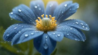 The primary subject of the image is a blue flower with yellow petals, which is the main focus of the image. The setting is a garden, with the flower blooming in the sunlight. The visual style is a photo, capturing the beauty of the flower in its natural environment. The dominant colors are blue and yellow, creating a serene and calming atmosphere.