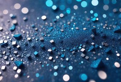 The primary subject of the image is a close-up of a blue background with a pattern of glittering blue stars. The setting appears to be a dark room, and the visual style is a combination of a photo and digital art. The dominant colors are blue and black, creating a calm and serene atmosphere.