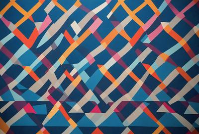 The primary subject of the image is a colorful, abstract painting featuring a blue and orange color scheme. The setting is a wall, and the visual style appears to be a combination of digital art and illustration. The painting creates a vibrant and lively atmosphere, with the blue and orange colors evoking a sense of energy and movement.