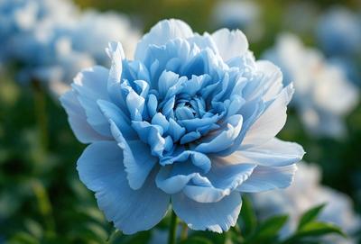 The primary subject of the image is a beautiful blue flower with a white center, surrounded by green leaves. The flower is the focal point of the scene, and it is set against a backdrop of grass. The visual style of the image is a close-up of the flower, showcasing its intricate details. The dominant colors in the image are blue and white, creating a serene and calming atmosphere.