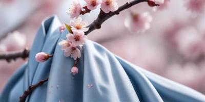 The primary subject of the image is a blue cloth with pink flowers on it. The setting is a branch with pink flowers, creating a beautiful and vibrant scene. The visual style is a combination of a photo and digital art, as the flowers are depicted in a realistic manner, while the blue cloth adds a touch of digital artistry. The colors and mood of the image are predominantly pink and blue, evoking a sense of warmth and tranquility.