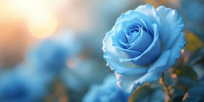 The primary subject of the image is a single blue rose. The setting is a garden, with the rose being the main focus of the image. The visual style is a close-up of the rose, showcasing its beauty and details. The dominant colors are blue and green, creating a serene and calming atmosphere.