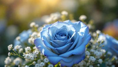 The primary subject of the image is a beautiful blue rose, which is the main focus of the scene. The rose is set against a backdrop of white flowers, creating a visually appealing contrast. The image has a natural and serene visual style, with the rose and white flowers appearing as a realistic and vibrant scene. The dominant colors in the image are blue and white, which contribute to a calm and soothing atmosphere.