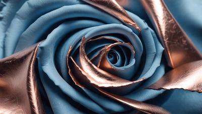 The primary subject of the image is a blue rose with a gold or copper center. The rose is displayed against a blue background, giving it a striking and elegant appearance. The visual style of the image is a close-up of the rose, showcasing its details and beauty. The dominant colors in the image are blue and gold, creating a serene and sophisticated mood.