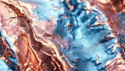 The primary subject of the image is a close-up of a blue and gold metal surface, possibly a piece of art or a decorative item. The setting appears to be a room with a blue wall, and the visual style is a combination of photo and digital art. The dominant colors in the image are blue and gold, creating a sense of elegance and sophistication.