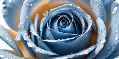 The primary subject of the image is a blue rose with a yellow center. The rose is surrounded by water droplets, giving it a wet and fresh appearance. The setting is a close-up of the rose, with the background featuring a water surface. The visual style is a realistic representation of the rose, capturing its beauty and details. The dominant colors are blue and yellow, creating a serene and calming atmosphere.